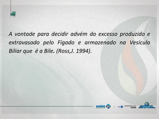 A vontade para decidir advém do excesso produzido e
extravasado pelo Fígado e armazenado na Vesícula
Biliar que é a Bile. (Ross,J. 1994).
 