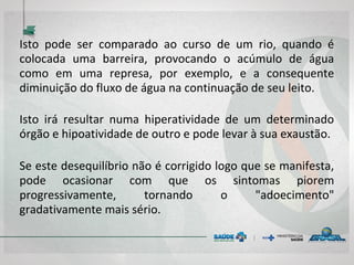 Isto pode ser comparado ao curso de um rio, quando é
colocada uma barreira, provocando o acúmulo de água
como em uma represa, por exemplo, e a consequente
diminuição do fluxo de água na continuação de seu leito.
Isto irá resultar numa hiperatividade de um determinado
órgão e hipoatividade de outro e pode levar à sua exaustão.
Se este desequilíbrio não é corrigido logo que se manifesta,
pode ocasionar com que os sintomas piorem
progressivamente, tornando o "adoecimento"
gradativamente mais sério.
 
 