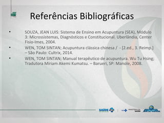 Referências Bibliográficas
• SOUZA, JEAN LUIS: Sistema de Ensino em Acupuntura (SEA), Módulo
3: Microssistemas, Diagnósticos e Constitucional. Uberlândia, Center
Fisio-Imes, 2004.
• WEN, TOM SINTAN; Acupuntura clássica chinesa / - [2.ed., 3. Reimp.]
– São Paulo: Cultrix, 2014.
• WEN, TOM SINTAN; Manual terapêutico de acupuntura. Wu Tu Hsing;
Tradutora Míriam Akemi Kumatsu. – Barueri, SP: Manole, 2008.
 