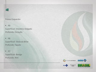 Pulsos Esquerdo:
• P9
Superficial: Intestino Delgado
Profundo: Coração
• P8
Superficial: Vesícula Biliar
Profundo: Fígado
• P7
Superficial: Bexiga
Profundo: Rim
 