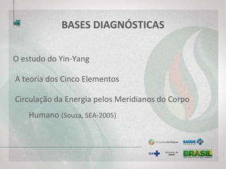 BASES DIAGNÓSTICAS
O estudo do Yin-Yang
A teoria dos Cinco Elementos
Circulação da Energia pelos Meridianos do Corpo
Humano (Souza, SEA-2005)
 
