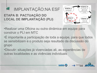 ETAPA B: PACTUAÇÃO DO PLANO
LOCAL DE IMPLANTAÇÃO (PLI)
•Realizar uma Oficina ou outra dinâmica em equipe para
construir o PLI em MTC
•É importante a participação de toda a equipe, para que todos
se sensibilizem e o produto seja resultado da discussão do
grupo
•Discutir: situações já vivenciadas ali, as experiências de
outras localidades e as vivências individuais
IMPLANTAÇÃO:NA ESF
 