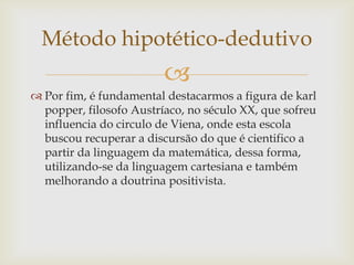 Método hipotético-dedutivo


 Por fim, é fundamental destacarmos a figura de karl
popper, filosofo Austríaco, no século XX, que sofreu
influencia do circulo de Viena, onde esta escola
buscou recuperar a discursão do que é cientifico a
partir da linguagem da matemática, dessa forma,
utilizando-se da linguagem cartesiana e também
melhorando a doutrina positivista.

 