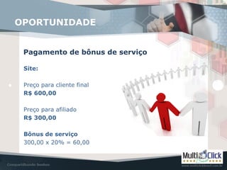 Pagamento de bônus de serviço
OPORTUNIDADE
Site:
Preço para cliente final
R$ 600,00
Preço para afiliado
R$ 300,00
Bônus de serviço
300,00 x 20% = 60,00
 
