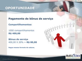 Pagamento de bônus de serviço
OPORTUNIDADE
Compartilhamentos:
1000 compartilhamentos
R$ 400,00
Bônus de serviço
400,00 X 20% = R$ 80,00
Segue mesmo formato de valores.
 