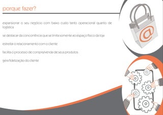 porque fazer?

expansionar o seu negócio com baixo custo tanto operacional quanto de
logística

se destacar da concorrência que se limita somente ao espaço físico da loja

estreitar o relacionamento com o cliente

facilita o processo de compra/venda de seus produtos

gera fidelização do cliente
 