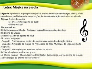 Objetivo: Apresentar as perspectivas para o ensino da música na educação básica, tendo
como base o perfil da escola e concepções da área de educação musical na atualidade.
Ritmos: Ensino de música
Lei nº 11.769 de agosto de 2008
Oficina musical
Notas musicais:
Dó: Leitura compartilhada - Contagem musical (quaternária e ternária)
Ré: Ensino de Música
Mi: Lei nº 11.769 de agosto de 2008
Fá: Leitura em grupo:
-Grupo 01: Práticas para o ensino de música nas escolas de educação básica
- Grupo 02: A inserção da música no PPP: o caso da Rede Municipal de Ensino de Porto
Alegre/RS
- Grupo 03: Motivação para aprender música na escola
Sol: Socialização da análise dos grupos
Lá: Oficina musical - O que dizem as Orientações Curriculares sobre o ensino de música?
Si: Socialização da oficina e encerramento
Letra: Música na escola
 