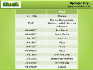 Operação Xingu
                                Agenda de Realização

                      Pará
15 e 16/06           Altamira
              Altamira (Comunidades
  25/06      Garimpo do Galo, Fazenda
                    e Ressaca)
01 e 02/07         Brasil Novo
08 e 09/07         Medicilândia
15 e 16/07            Uruará
22 e 23/07            Placas
29 e 30/07            Anapú
05 e 06/08            Pacajá
12 e 13/08       Vitória do Xingu
19 e 20/08     Senador José Porfírio
26 e 27/08        Porto de Moz
01 e 02/09           Gurupá
 