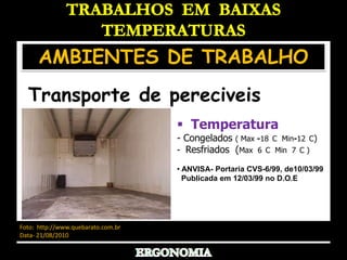 TRABALHOS  EM  BAIXAS TEMPERATURASAMBIENTES DE TRABALHO Câmaras frias   Temperatura- Congelados ( Max -18°C  Min-12°C)    -  Resfriados  (Max  6°C  Min  7°C )
