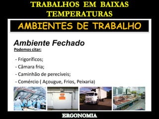 TRABALHOS  EM  BAIXAS TEMPERATURASAMBIENTES DE TRABALHO A céu abertoPodemos citar:-  Indústria da construção;-  Agricultura;-  Aqüicultura;-  Pesca;-  Limpeza publica;-  Segurança;e-  Agentes de transitoERGONOMIA