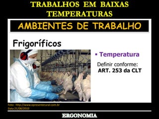 TRABALHOS  EM  BAIXAS TEMPERATURASAMBIENTES DE TRABALHO Ambiente FechadoPodemos citar:- Frigoríficos;- Câmara fria;- Caminhão de perecíveis;- Comércio ( Açougue, Frios, Peixaria)ERGONOMIA