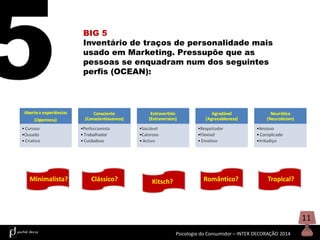 BIG 5
Inventário de traços de personalidade mais
usado em Marketing. Pressupõe que as
pessoas se enquadram num dos seguintes
perfis (OCEAN):

Minimalista?

Clássico?

Kitsch?

Romântico?

Tropical?

11
Psicologia do Consumidor – INTER DECORAÇÃO 2014

 