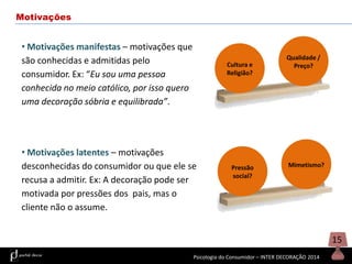 Motivações

• Motivações manifestas – motivações que
são conhecidas e admitidas pelo
consumidor. Ex: “Eu sou uma pessoa
conhecida no meio católico, por isso quero
uma decoração sóbria e equilibrada”.

Cultura e
Religião?

• Motivações latentes – motivações
desconhecidas do consumidor ou que ele se
recusa a admitir. Ex: A decoração pode ser
motivada por pressões dos pais, mas o
cliente não o assume.

Pressão
social?

Qualidade /
Preço?

Mimetismo?

15
Psicologia do Consumidor – INTER DECORAÇÃO 2014

 
