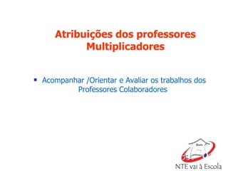Atribuições dos professores Multiplicadores Acompanhar /Orientar e Avaliar os trabalhos dos Professores Colaboradores  