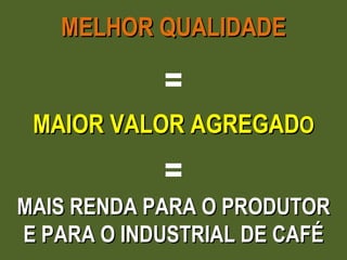 MELHOR QUALIDADE = MAIOR VALOR AGREGAD O = MAIS RENDA PARA O PRODUTOR E PARA O INDUSTRIAL DE CAFÉ 