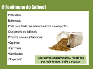 O Fenômeno do Solúvel  Praticidade Baixo custo Porta de entrada nos mercados novos e emergentes Crescimento do liofilizado Produtos novos e sofisticados: Orgânico Fair Trade Certificados “ Especiais” Criar novos consumidores / mantê-los por mais tempo / subir a escada. 