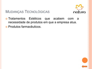 MUDANÇAS TECNOLÓGICAS
 Tratamentos Estéticos que acabem com a
necessidade de produtos em que a empresa atua.
 Produtos farmacêuticos.
 