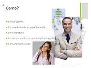 Como?Com processosCom controles de acompanhamentoCom o telefoneCom muita paciência, bom humor e simpatiaCom profissionalismo.