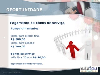 Pagamento de bônus de serviço
OPORTUNIDADE
Compartilhamentos:
Preço para cliente final
R$ 800,00
Preço para afiliado
R$ 400,00
Bônus de serviço
400,00 X 20% = R$ 80,00
Segue mesmo formato de valores.
 