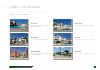 Um novo bairro para Curitiba 8
O Neoville é uma realidade e conta atualmente com empreendimentos consolidados, que levam a
marca Canet Júnior, já construídos e habitados:
NEOVILLE. UM NOVO BAIRRO PLANEJADO.
Plaza Madrid
Condomínio fechado horizontal, com 90
residências implantadas.
Valência Village
Condomínio de Sobrados, 20 unidades.
Astúrias Village
Condomínio de sobrados com 20 sobrados.
Vila Tenerife
Condomínio de sobrados com 55 sobrados.
Lotes Avulsos
126.245 m2
de lotes avulsos comercializados.
Barcelona Neoville
Condomínio residencial com 576 apartamentos
com 2 e 3 dormitórios.
 