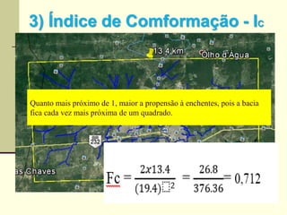 Quanto mais próximo de 1, maior a propensão à enchentes, pois a bacia
fica cada vez mais próxima de um quadrado.
 