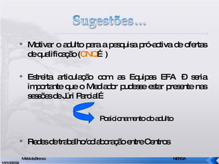 Motivar o adulto para a pesquisa pró-activa de ofertas de qualificação ( CNQ …) Estreita articulação com as Equipas EFA – seria importante que o Mediador pudesse estar presente nas sessões de Júri Parcial… Redes de trabalho/colaboração entre Centros Posicionamento do adulto Mafalda Branco     NERGA 15/10/2009 