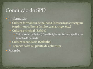  Implantação
   Cultura formadora de palhada (dessecação e roçagem
    (capim) ou colheita (milho, aveia, trigo, etc.)
   Cultura principal (Safrão)
      Cuidados na colheita ( Distribuição uniforme da palhada)
      Trincha da palhada
   Cultura secundária (Safrinha)
   Terceira safra ou planta de cobertura
 Rotação
 