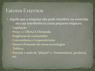 Aquilo que a empresa não pode interferir ou controlar
      ou cuja interferência causa pequeno impacto.
  Legislação
  Preço => Oferta X Demanda
  Exigências do consumidor
  Concorrência x Cooperativismo
  Desenvolvimento de novas tecnologias
  Política
  Entrada e saída de “players”=> Fornecedores, produtos,
   etc.
 