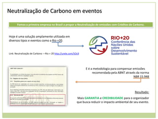 Neutralização de Carbono em eventos
Fomos a primeira empresa no Brasil a propor a Neutralização de emissões com Créditos de Carbono.

Hoje é uma solução amplamente utilizada em
diversos tipos e eventos como a Rio +20.

Link: Neutralização de Carbono —Rio + 20 http://urele.com/5Oc9

E é a metodologia para compensar emissões
recomendada pela ABNT através da norma
NBR 15.948

Resultado:
Mais GARANTIA e CREDIBILIDADE para o organizador
que busca reduzir o impacto ambiental de seu evento.

 