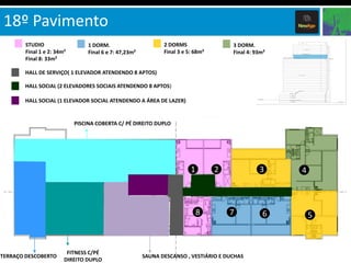 18º Pavimento
STUDIO
Final 1 e 2: 34m²
Final 8: 33m²

2 DORMS
Final 3 e 5: 68m²

1 DORM.
Final 6 e 7: 47,23m²

3 DORM.
Final 4: 93m²

HALL DE SERVIÇO( 1 ELEVADOR ATENDENDO 8 APTOS)
HALL SOCIAL (2 ELEVADORES SOCIAIS ATENDENDO 8 APTOS)
HALL SOCIAL (1 ELEVADOR SOCIAL ATENDENDO A ÁREA DE LAZER)

PISCINA COBERTA C/ PÉ DIREITO DUPLO

1

2

8

TERRAÇO DESCOBERTO

FITNESS C/PÉ
DIREITO DUPLO

3

7

SAUNA DESCANSO , VESTIÁRIO E DUCHAS

6

4

5

 