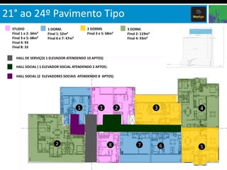 21° ao 24º Pavimento Tipo
STUDIO
Final 1 e 2: 34m²
Final 3 e 5: 68m²
Final 4: 93
Final 8: 33

2 DORMS
Final 3 e 5: 68m²

1 DORM.
Final 1: 52m²
Final 6 e 7: 47m²

3 DORM.
Final 2: 119m²
Final 4: 93m²

HALL DE SERVIÇO( 1 ELEVADOR ATENDENDO 10 APTOS)
HALL SOCIAL ( 1 ELEVADOR SOCIAL ATENDENDO 2 APTOS)
HALL SOCIAL (2 ELEVADORES SOCIAIS ATENDENDO 8 APTOS)

1

2

1

2

8

3

7

4

6

5

 