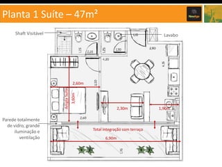 Planta 1 Suíte – 47m²
Shaft Visitável

Lavabo

Parede totalmente
de vidro, grande
iluminação e
ventilação

3,60m

Ampla Suíte

2,60m

2,30m

Total integração com terraço
6,90m

1,90m

 