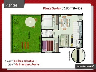 Planta Garden 02 Dormitórios
46,5m² de área privativa +
17,96m² de área descoberta
 