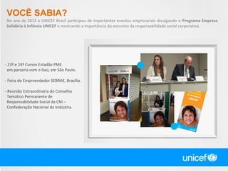 VOCÊ SABIA?
No ano de 2013 o UNICEF Brasil participou de importantes eventos empresariais divulgando o  Programa Empresa
Solidária à Infância UNICEF e mostrando a importância do exercício da responsabilidade social corporativa.

- 23º e 24º Cursos Estadão PME 
  em parceria com o Itaú, em São Paulo.
- Feira do Empreendedor SEBRAE, Brasília.
- Reunião Extraordinária do Conselho
  Temático Permanente de
  Responsabilidade Social da CNI – 
  Confederação Nacional da Indústria.

 