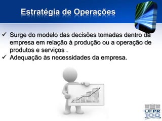 Estratégia de Operações

 Surge do modelo das decisões tomadas dentro da
  empresa em relação à produção ou a operação de
  produtos e serviços .
 Adequação às necessidades da empresa.
 