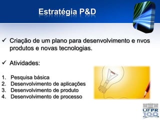 Estratégia P&D


 Criação de um plano para desenvolvimento e nvos
  produtos e novas tecnologias.

 Atividades:

1.   Pesquisa básica
2.   Desenvolvimento de aplicações
3.   Desenvolvimento de produto
4.   Desenvolvimento de processo
 