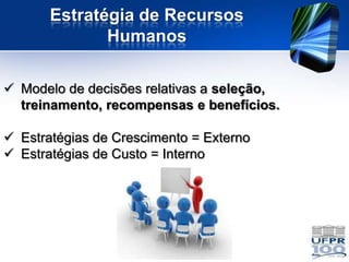 Estratégia de Recursos
              Humanos

 Modelo de decisões relativas a seleção,
  treinamento, recompensas e benefícios.

 Estratégias de Crescimento = Externo
 Estratégias de Custo = Interno
 
