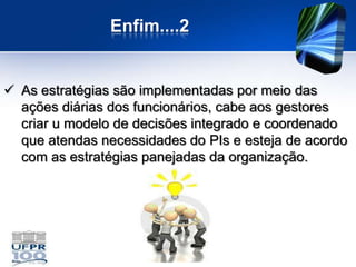 Enfim....2


 As estratégias são implementadas por meio das
  ações diárias dos funcionários, cabe aos gestores
  criar u modelo de decisões integrado e coordenado
  que atendas necessidades do PIs e esteja de acordo
  com as estratégias panejadas da organização.
 