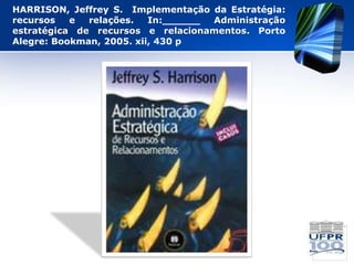 HARRISON, Jeffrey S. Implementação da Estratégia:
recursos   e  relações.   In:______ Administração
estratégica de recursos e relacionamentos. Porto
Alegre: Bookman, 2005. xii, 430 p
 