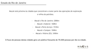 Estado do Rio de Janeiro


        Macaé está próxima às cidades que concentram a maior parte das operações de exploração
                                                 e refino do petróleo.


                                   -       Macaé x Rio de Janeiro: 200Km
                                           -     Macaé x Itaboraí: 160Km
                                       -       Macaé x Porto do Açú: 151Km
                                           -     Macaé x Campos: 104Km
                                       -       Macaé x Vitória (ES): 345Km


    O fluxo de pessoas destas cidades gera um público flutuante de 70.000 pessoas por dia na cidade.
 