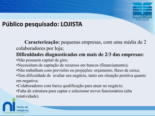 Público pesquisado: LOJISTACaracterização: pequenasempresas, com umamédia de 2 colaboradoresporloja;Dificuldadesdiagnosticadasemmais de 2/3 das empresas:Nãopossuem capital de giro;