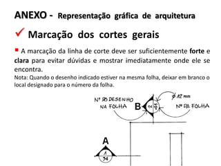 ANEXO -

Representação gráfica de arquitetura

 Marcação dos cortes gerais
 A marcação da linha de corte deve ser suficientemente forte e
clara para evitar dúvidas e mostrar imediatamente onde ele se
encontra.
Nota: Quando o desenho indicado estiver na mesma folha, deixar em branco o
local designado para o número da folha.

 