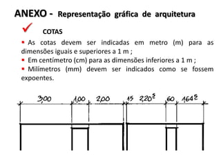 ANEXO -



Representação gráfica de arquitetura

COTAS
 As cotas devem ser indicadas em metro (m) para as
dimensões iguais e superiores a 1 m ;
 Em centímetro (cm) para as dimensões inferiores a 1 m ;
 Milímetros (mm) devem ser indicados como se fossem
expoentes.

 