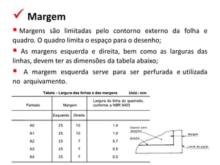  Margem
 Margens são limitadas pelo contorno externo da folha e
quadro. O quadro limita o espaço para o desenho;
 As margens esquerda e direita, bem como as larguras das
linhas, devem ter as dimensões da tabela abaixo;
 A margem esquerda serve para ser perfurada e utilizada
no arquivamento.
 