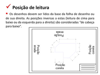  Posição de leitura
 Os desenhos devem ser lidos da base da folha de desenho ou
de sua direita. As posições inversas a estas (leitura de cima para
baixo ou da esquerda para a direita) são consideradas “de cabeça
para baixo”.
 