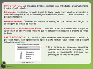 Quadro 6 – Elementos pós textuais
Fonte: IFRJ (2011)
PARTE TEXTUAL: As principais divisões utilizadas são: Introdução, Desenvolvimento
(capítulos) e Conclusão.
Introdução: constitui-se na parte inicial do texto, tendo como objetivo apresentar a
questão investigada e indicar a sua origem e relevância, situando o leitor no contexto da
pesquisa realizada.
Desenvolvimento: Divide-se em seções e subseções que variam em função da
abordagem, do tema e do método.
Conclusão ou Considerações Finais: constituída de um texto dissertativo em que se
apresentam as observações finais do que foi estudado na pesquisa e exposto ao longo
do texto.
PARTE PÓS-TEXTUAL: é constituída pelos elementos que complementam o trabalho e,
por essa razão, são apresentados após a parte textual. Seus títulos não possuem
indicativos numéricos.
É o conjunto de elementos descritivos,
apresentados de forma padronizada, que
permite a identificação individual das
publicações no todo ou em parte.
 