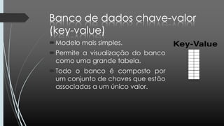 Modelo mais simples.
Permite a visualização do banco
como uma grande tabela.
Todo o banco é composto por
um conjunto de chaves que estão
associadas a um único valor.
 