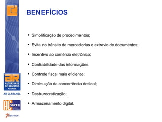 BENEFÍCIOS


 Simplificação de procedimentos;

 Evita no trânsito de mercadorias o extravio de documentos;

 Incentivo ao comércio eletrônico;

 Confiabilidade das informações;

 Controle fiscal mais eficiente;

 Diminuição da concorrência desleal;

 Desburocratização;

 Armazenamento digital.
 