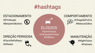 #hashtags
ESTACIONAMENTO
#IPVADuplo
#BenjaminButton
DIREÇÃO PERIGOSA
#CarroDePalhaço
#Alfaiate
COMPORTAMENTO
#ChegaDeFiuFiu
#MatouAZebra
MANUTENÇÃO
#NightVision
#Patinete
ELOGIOS
#SemPressa
#JaPasseiPorIsso
#Didático
 