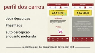 perfil dos carros
pedir desculpas
#hashtags
auto-percepção
enquanto motorista
recorrência de #s: comunicação direta com CET
 